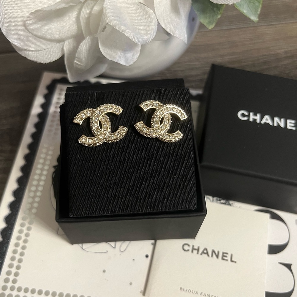 CHANEL Large Gold Crystal CC Classic Stud Earrings